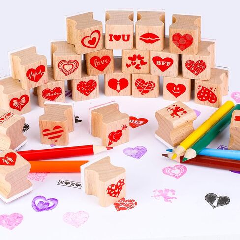 Konsait 34pcs Mini Valentine Stamps With Ink Pads Colored Pencil, Holiday Wood Rubber Stamp Cavalli Tiny Stamp Images With Drawing Colouring Pencil Art Supplies Set for Greeting Cards Scrapbooks in Saudi Arabia