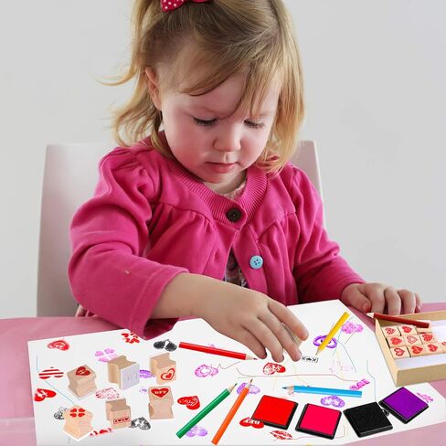 Konsait 34pcs Mini Valentine Stamps With Ink Pads Colored Pencil, Holiday Wood Rubber Stamp Cavalli Tiny Stamp Images With Drawing Colouring Pencil Art Supplies Set for Greeting Cards Scrapbooks in Saudi Arabia