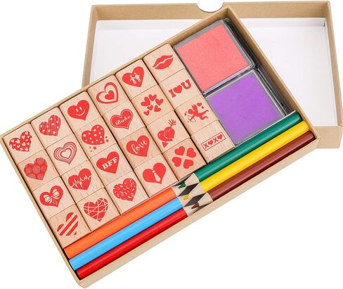 Konsait 34pcs Mini Valentine Stamps With Ink Pads Colored Pencil, Holiday Wood Rubber Stamp Cavalli Tiny Stamp Images With Drawing Colouring Pencil Art Supplies Set for Greeting Cards Scrapbooks in Saudi Arabia