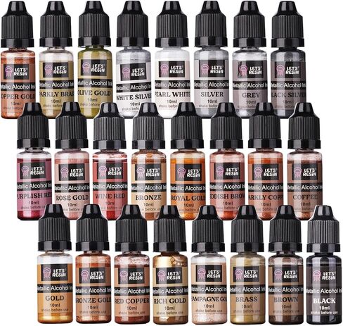 LET'S RESIN Metallic Alcohol Ink Set-24 Colors Metal Color Alcohol Based Resin Ink, High Concentrated & Shimmer Mixatives, Alcohol Paint for Epoxy Resin, Resin Petri, Tumblers, Coasters(Each 0.35oz) in Saudi Arabia