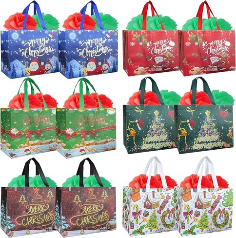 Holady 12 Pack Large Christmas Gift Bags with Tissue Paper,6 Styles Gift Bags Bulk with Handles, Reusable Non-Woven Christmas Bags for New Year's Shopping,Xmas Party Supplies(12.8"×9.8"×6.7") in Kuwait