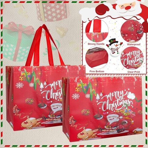 Holady 12 Pack Large Christmas Gift Bags with Tissue Paper,6 Styles Gift Bags Bulk with Handles, Reusable Non-Woven Christmas Bags for New Year's Shopping,Xmas Party Supplies(12.8"×9.8"×6.7") in Kuwait