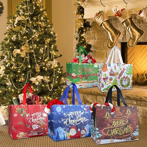Holady 12 Pack Large Christmas Gift Bags with Tissue Paper,6 Styles Gift Bags Bulk with Handles, Reusable Non-Woven Christmas Bags for New Year's Shopping,Xmas Party Supplies(12.8"×9.8"×6.7") in Kuwait