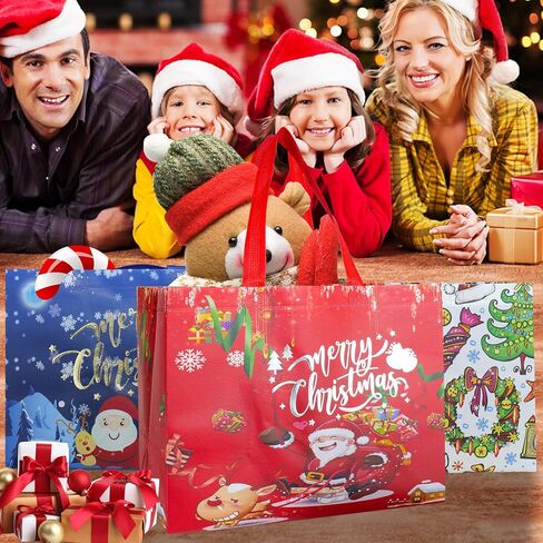 Holady 12 Pack Large Christmas Gift Bags with Tissue Paper,6 Styles Gift Bags Bulk with Handles, Reusable Non-Woven Christmas Bags for New Year's Shopping,Xmas Party Supplies(12.8"×9.8"×6.7") in Kuwait