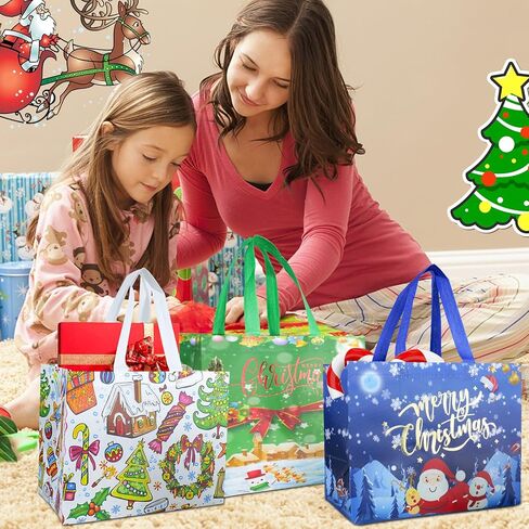 Holady 12 Pack Large Christmas Gift Bags with Tissue Paper,6 Styles Gift Bags Bulk with Handles, Reusable Non-Woven Christmas Bags for New Year's Shopping,Xmas Party Supplies(12.8"×9.8"×6.7") in Kuwait
