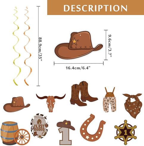 زينة حفلات رعاة البقر ماي فيرست روديو لحفلات اعياد الميلاد للاولاد من مستلزمات الحفلات ذات الطابع الغربي، دوامات معلقة من الرقائق المعدنية لتزيين اعياد الميلاد للحفلات الريفية الغرب المتوحش in Kuwait