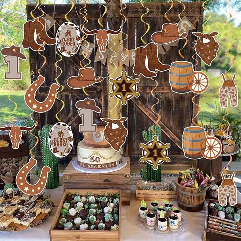 زينة حفلات رعاة البقر ماي فيرست روديو لحفلات اعياد الميلاد للاولاد من مستلزمات الحفلات ذات الطابع الغربي، دوامات معلقة من الرقائق المعدنية لتزيين اعياد الميلاد للحفلات الريفية الغرب المتوحش in Kuwait