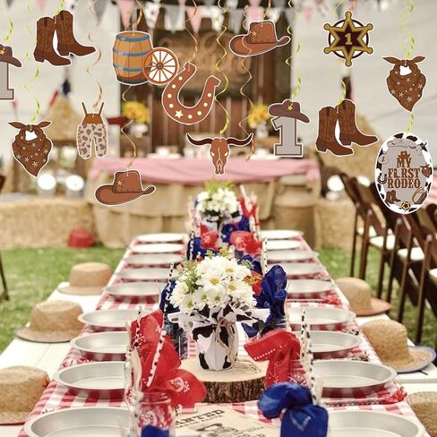 زينة حفلات رعاة البقر ماي فيرست روديو لحفلات اعياد الميلاد للاولاد من مستلزمات الحفلات ذات الطابع الغربي، دوامات معلقة من الرقائق المعدنية لتزيين اعياد الميلاد للحفلات الريفية الغرب المتوحش in Kuwait