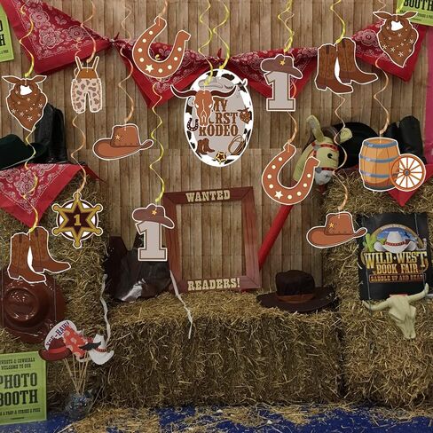 زينة حفلات رعاة البقر ماي فيرست روديو لحفلات اعياد الميلاد للاولاد من مستلزمات الحفلات ذات الطابع الغربي، دوامات معلقة من الرقائق المعدنية لتزيين اعياد الميلاد للحفلات الريفية الغرب المتوحش in Kuwait