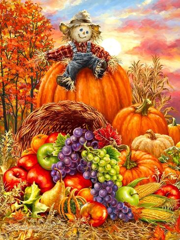 Springbok - Harvest Cornucopia - 500 Piece Jigsaw Puzzle - Colorful Pumpkin, Scarecrow and Thanksgiving Cornucopia Illustration in Saudi Arabia