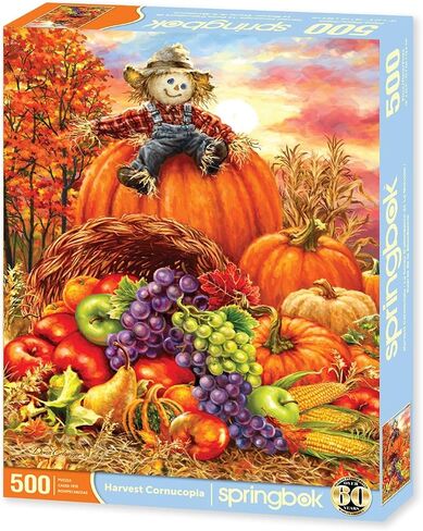 Springbok - Harvest Cornucopia - 500 Piece Jigsaw Puzzle - Colorful Pumpkin, Scarecrow and Thanksgiving Cornucopia Illustration in Saudi Arabia