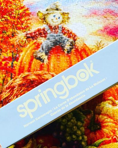 Springbok - Harvest Cornucopia - 500 Piece Jigsaw Puzzle - Colorful Pumpkin, Scarecrow and Thanksgiving Cornucopia Illustration in Saudi Arabia