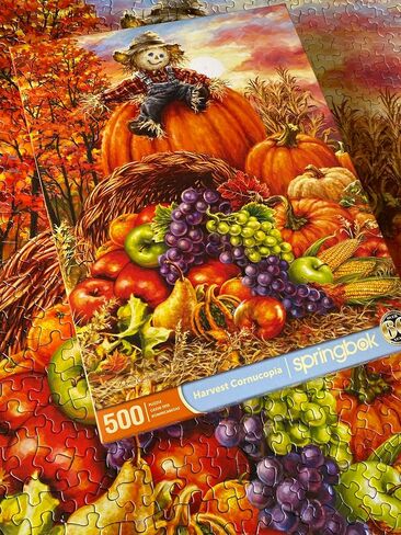 Springbok - Harvest Cornucopia - 500 Piece Jigsaw Puzzle - Colorful Pumpkin, Scarecrow and Thanksgiving Cornucopia Illustration in Saudi Arabia