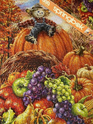 Springbok - Harvest Cornucopia - 500 Piece Jigsaw Puzzle - Colorful Pumpkin, Scarecrow and Thanksgiving Cornucopia Illustration in Saudi Arabia