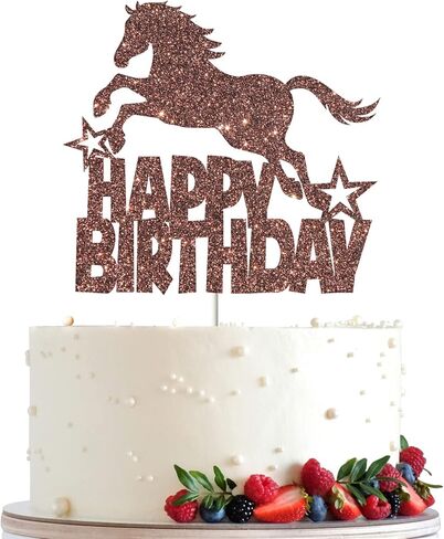 امبيشي زينة كعكة عيد ميلاد سعيد بتصميم حصان لامع بلون بني، ديكور لحفلات اعياد الميلاد بطابع الفروسية، مناسبة للاولاد او البنات، مستلزمات حفلات اعياد الميلاد على شكل حصان in Kuwait