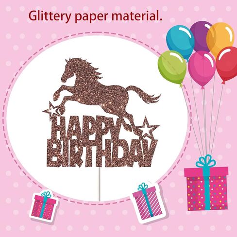 امبيشي زينة كعكة عيد ميلاد سعيد بتصميم حصان لامع بلون بني، ديكور لحفلات اعياد الميلاد بطابع الفروسية، مناسبة للاولاد او البنات، مستلزمات حفلات اعياد الميلاد على شكل حصان in Kuwait