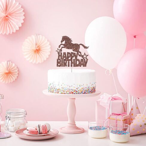 امبيشي زينة كعكة عيد ميلاد سعيد بتصميم حصان لامع بلون بني، ديكور لحفلات اعياد الميلاد بطابع الفروسية، مناسبة للاولاد او البنات، مستلزمات حفلات اعياد الميلاد على شكل حصان in Kuwait