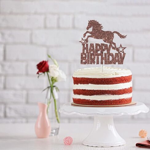 امبيشي زينة كعكة عيد ميلاد سعيد بتصميم حصان لامع بلون بني، ديكور لحفلات اعياد الميلاد بطابع الفروسية، مناسبة للاولاد او البنات، مستلزمات حفلات اعياد الميلاد على شكل حصان in Kuwait