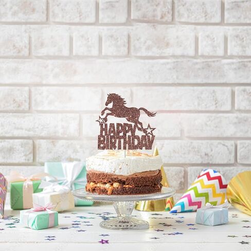امبيشي زينة كعكة عيد ميلاد سعيد بتصميم حصان لامع بلون بني، ديكور لحفلات اعياد الميلاد بطابع الفروسية، مناسبة للاولاد او البنات، مستلزمات حفلات اعياد الميلاد على شكل حصان in Kuwait