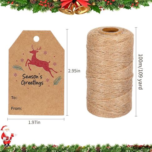 خيط الجوت الطبيعي بطول 328 قدم من Blisstime و100 قطعة من بطاقات هدايا عيد الميلاد، ملصقات أسعار من ورق الكرافت باللون البني لتغليف هدايا عيد الميلاد in Kuwait