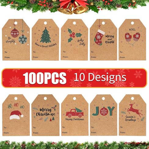 خيط الجوت الطبيعي بطول 328 قدم من Blisstime و100 قطعة من بطاقات هدايا عيد الميلاد، ملصقات أسعار من ورق الكرافت باللون البني لتغليف هدايا عيد الميلاد in Kuwait