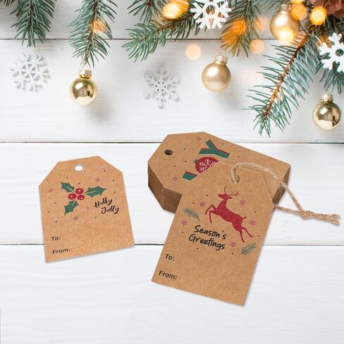 خيط الجوت الطبيعي بطول 328 قدم من Blisstime و100 قطعة من بطاقات هدايا عيد الميلاد، ملصقات أسعار من ورق الكرافت باللون البني لتغليف هدايا عيد الميلاد in Kuwait