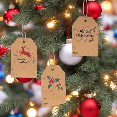 خيط الجوت الطبيعي بطول 328 قدم من Blisstime و100 قطعة من بطاقات هدايا عيد الميلاد، ملصقات أسعار من ورق الكرافت باللون البني لتغليف هدايا عيد الميلاد in Kuwait