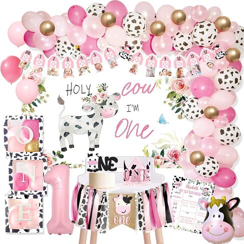 Shempeium Holy Cow I’m One Birthday Decorations Girl, Cow First Birthday Party Decorations, Farm Cow First Birthday Party Supplies, 1st Birthday Girl Decoration, First Birthday Decoration for Girl, Farmhouse Cow First Birthday Party Decor in Kuwait