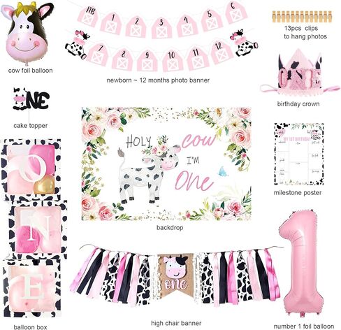 Shempeium Holy Cow I’m One Birthday Decorations Girl, Cow First Birthday Party Decorations, Farm Cow First Birthday Party Supplies, 1st Birthday Girl Decoration, First Birthday Decoration for Girl, Farmhouse Cow First Birthday Party Decor in Kuwait