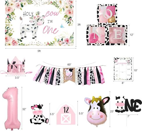 Shempeium Holy Cow I’m One Birthday Decorations Girl, Cow First Birthday Party Decorations, Farm Cow First Birthday Party Supplies, 1st Birthday Girl Decoration, First Birthday Decoration for Girl, Farmhouse Cow First Birthday Party Decor in Kuwait