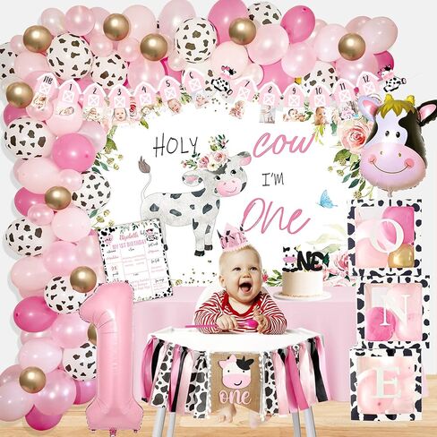 Shempeium Holy Cow I’m One Birthday Decorations Girl, Cow First Birthday Party Decorations, Farm Cow First Birthday Party Supplies, 1st Birthday Girl Decoration, First Birthday Decoration for Girl, Farmhouse Cow First Birthday Party Decor in Kuwait