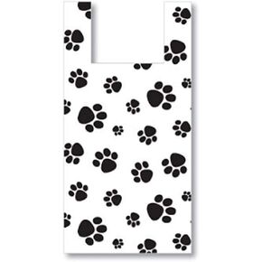 Charm Your Prince CYP 100 White Paw Print Disposable Plastic T Shirt Shopping Gift Bags with Handles - Small - 8 x 5 x 16