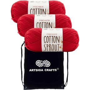 Premier Yarns Cotton Sprout Worsted Solid Yarn Cream 2101-26 (3-Skein) Same Dyelot Worsted Medium #4 Soft Knitting Yarn 100% Cotton Bundle with 1 Artsiga Craft Bag