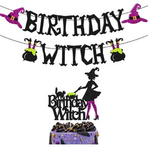 Halloween Birthday Witch Banner with Witch Cake Topper for Ghost Ghoul Bat Cat Themed Girl Lady Women Happy Halloween Birthday Decoration Witches All Souls' Day Bday Party Celebration Supplies in Kuwait