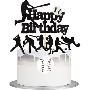 Set Of 8 Baseball Cake Topper Happy Birthday Sign Baseball Softball Player Cake Decorations for Sport Theme Man Boy Girl Birthday Party Supplies Double Sided Black Sparkle Decor
