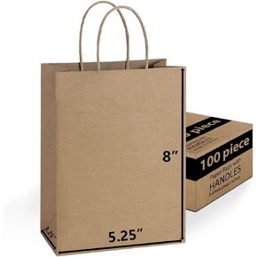 5.25 X 3.25 X 8 Brown Kraft Paper Gift Bags Bulk with Handles. Ideal for Shopping, Packaging, Retail, Party, Craft, Gifts, Wedding, Recycled, Business, Goody and Merchandise Bag (Brown)