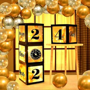 اوكي صناديق بالونات لحفلات ليلة رأس السنة الجديدة 2024 مع بالونات وخيوط اضاءة LED بلون اسود وذهبي لحفلات ليلة رأس السنة الجديدة لمستلزمات حفلات ليلة رأس السنة الجديدة 2023 in Kuwait