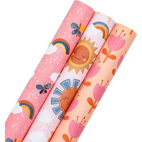 RUSPEPA Kraft Wrapping Paper Rolls - Mini Roll - for Birthday, Baby Shower, Holiday - 17 inches x 10 feet per Roll, Total of 3 Rolls, Sun and Rainbow