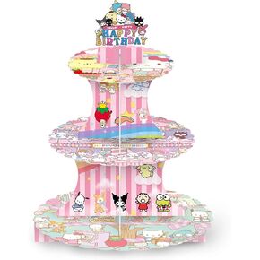Large 3-Tier Pink Kawaii Style Cupcake Stand Cartoon Theme Party Cupcake Tower Cardboard Dessert Holder Pastry Platter for Kids Birthday Decorations Supplies in Saudi Arabia