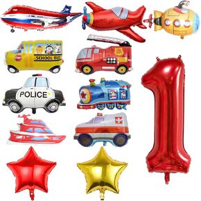 12pcs Transportation Truck Plane School Bus Fire Truck Police Car Ship Ambulance Submarine Birthday Number Foil Balloon for Transportation 2nd Birthday Vehicles Theme Party Supplies Decorations (2nd)