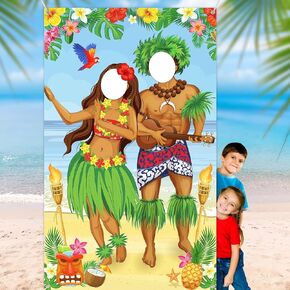 Luau Couple Photo Door Banner Hawaiian Party Decorations Tiki Luau Photo Props Aloha Tiki Banner for Party Hawaiian Door Banner Luau Party Supplies for Tropical Beach Party, 6 x 3.6 ft (Sunset Style)