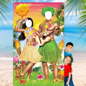 Luau زوجين صورة باب لافتة هاواي حزب الزينة تيكي لوا صور الدعائم Aloha Tiki راية للحزب هاواي باب راية لوازم حفلة Luau لحفلة الشاطئ الاستوائية، 6 × 3.6 قدم (نمط أنيق)