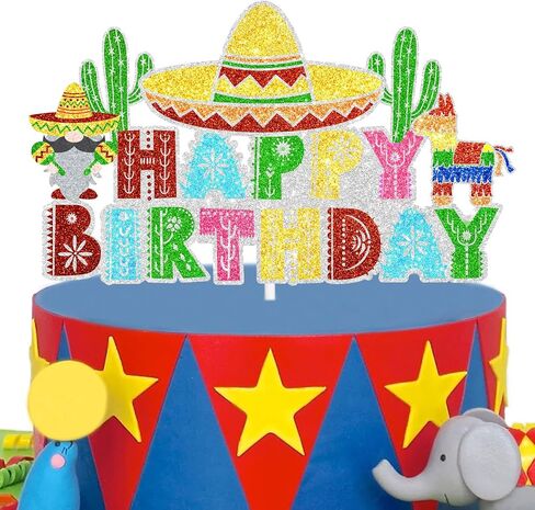 Let's Fiesta Cake Topper Mexico Fiesta Theme Cactus Sombrero Mustache Pinata Poncho Guitar Maracas Chili Festival Cinco de Mayo Party Decorations, Black in Saudi Arabia