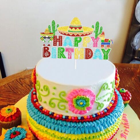 Let's Fiesta Cake Topper Mexico Fiesta Theme Cactus Sombrero Mustache Pinata Poncho Guitar Maracas Chili Festival Cinco de Mayo Party Decorations, Black in Saudi Arabia