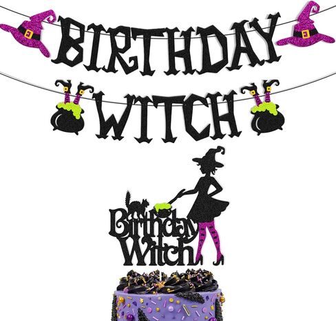 Halloween Birthday Witch Banner with Witch Cake Topper for Ghost Ghoul Bat Cat Themed Girl Lady Women Happy Halloween Birthday Decoration Witches All Souls' Day Bday Party Celebration Supplies in Kuwait