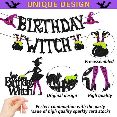 Halloween Birthday Witch Banner with Witch Cake Topper for Ghost Ghoul Bat Cat Themed Girl Lady Women Happy Halloween Birthday Decoration Witches All Souls' Day Bday Party Celebration Supplies in Kuwait