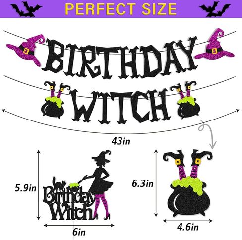 Halloween Birthday Witch Banner with Witch Cake Topper for Ghost Ghoul Bat Cat Themed Girl Lady Women Happy Halloween Birthday Decoration Witches All Souls' Day Bday Party Celebration Supplies in Kuwait