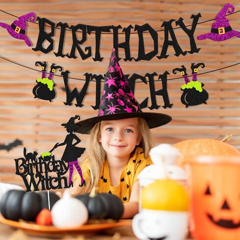 Halloween Birthday Witch Banner with Witch Cake Topper for Ghost Ghoul Bat Cat Themed Girl Lady Women Happy Halloween Birthday Decoration Witches All Souls' Day Bday Party Celebration Supplies in Kuwait
