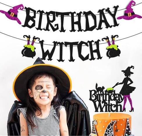Halloween Birthday Witch Banner with Witch Cake Topper for Ghost Ghoul Bat Cat Themed Girl Lady Women Happy Halloween Birthday Decoration Witches All Souls' Day Bday Party Celebration Supplies in Kuwait