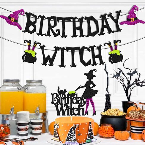 Halloween Birthday Witch Banner with Witch Cake Topper for Ghost Ghoul Bat Cat Themed Girl Lady Women Happy Halloween Birthday Decoration Witches All Souls' Day Bday Party Celebration Supplies in Kuwait